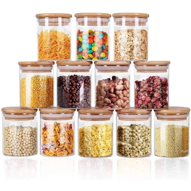 Food Storage Glass Container Set - Zestaw 12 szklanych słoików z bambusowymi,