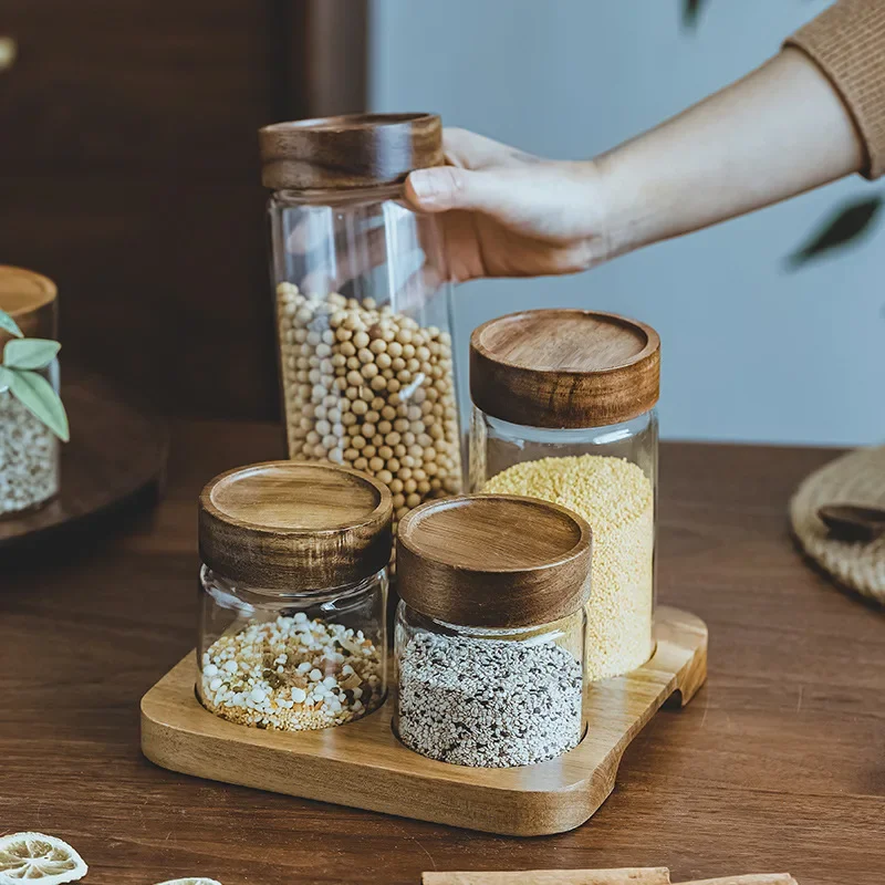 Food Storage Glass Container Set - Drewniana pokrywa dozownik do pojemników z